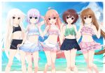  5girls ahoge artist_name beach bikini bikini_skirt black_shorts blue_eyes blue_skirt brown_eyes brown_hair commentary_request cowboy_shot dress flat_chest frilled_bikini frilled_skirt frills fumizuki_(kancolle) gradient_bikini gradient_hair highres horizon inaba_shiki kantai_collection kikuzuki_(kancolle) long_hair looking_at_viewer midriff mismatched_bikini multicolored_hair multiple_girls mutsuki_(kancolle) navel ocean open_mouth pink_bikini pink_eyes pink_hair pink_skirt ponytail red_hair round_teeth short_hair short_hair_with_long_locks shorts skirt sports_bikini sports_bra standing swimsuit teeth upper_teeth uzuki_(kancolle) white_bikini white_hair white_skirt yayoi_(kancolle) 