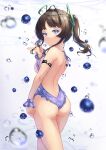  1girl absurdres aomaru ass back bangs brown_hair frilled_swimsuit frills green_ribbon hair_ribbon highres long_hair looking_at_viewer looking_back original purple_eyes purple_one-piece_swimsuit ribbon solo standing swimsuit thighs twintails water_drop 