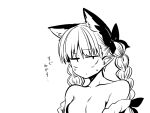  1girl animal_ear_fluff animal_ears bare_shoulders blush braid breasts cat_ears expressionless extra_ears hair_ribbon jitome kaenbyou_rin long_hair looking_at_viewer medium_breasts mizuga monochrome negative_space off_shoulder pointy_ears ribbon simple_background solo sweat touhou translation_request tress_ribbon twin_braids white_background 