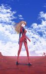  1girl absurdres ass bangs blue_eyes blue_sky bodysuit breasts brown_hair day dryegen eyepatch from_behind highres long_hair looking_at_viewer looking_back multicolored_bodysuit multicolored_clothes neon_genesis_evangelion orange_hair outdoors plugsuit rebuild_of_evangelion red_bodysuit skin_tight sky solo souryuu_asuka_langley standing 