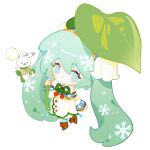  1girl chibi chinese_commentary floating flower full_body hatsune_miku holding holding_flower holding_leaf indai_(3330425) leaf lily_of_the_valley no_pupils rabbit rabbit_yukine simple_background solo vocaloid white_background yuki_miku yuki_miku_(2015) 