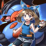  1girl alternate_color bangs bare_shoulders blue_bow blue_shirt bow bracelet brown_hair fanny_pack grey_eyes hair_bow highres holding holding_poke_ball jewelry magonzuhamiti may_(pokemon) mega_pokemon mega_swampert open_mouth poke_ball pokemon pokemon_(creature) pokemon_(game) pokemon_masters_ex pokemon_oras shirt shorts shorts_under_shorts sleeveless sleeveless_shirt swampert teeth upper_teeth 