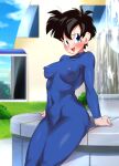  1girl black_hair blue_bodysuit blue_eyes blue_sky blush bodysuit breasts building cloud covered_navel covered_nipples dragon_ball dragon_ball_z fountain grass impossible_bodysuit impossible_clothes looking_at_viewer medium_breasts nipples open_mouth rom_(20) short_hair sitting sky smile solo videl 