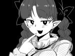  1girl :d animal_ears black_background braid cat_ears extra_ears fangs finger_to_mouth frills hand_up kaenbyou_rin looking_at_viewer mizuga outline pointy_ears portrait skin_fangs smile touhou twin_braids upper_body white_outline 