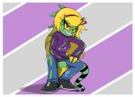  2016 3_fingers accessory angry anthro blonde_hair claws clothed clothing crouching eliza_(nelljoestar) female fingers green_body hair headband hi_res iguanid lizard long_hair long_tail looking_at_viewer nelljoestar reptile scalie sharp_teeth skull_symbol solo teeth torn_clothing yellow_claws yellow_sclera 