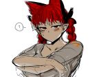 1girl ? animal_ears blush bow braid cat_ears crossed_arms expressionless extra_ears half-closed_eyes jitome kaenbyou_rin looking_at_viewer mizuga multiple_tails pointy_ears red_eyes red_hair simple_background sketch solo spoken_question_mark tail touhou twin_braids undressing upper_body white_background 