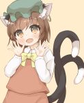  1girl :d absurdres animal_ears bow bowtie brown_eyes brown_hair cat_ears cat_tail chen earrings fang green_headwear hands_up happy hat highres jewelry keyakko long_sleeves looking_at_viewer mob_cap multiple_tails nekomata open_mouth pink_background single_earring smile solo tail touhou two_tails waving yellow_background yellow_bow yellow_bowtie 