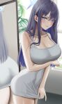  1girl absurdres bangs bare_shoulders blue_archive blue_eyes blue_hair blush breasts cleavage collarbone highres large_breasts leavv long_hair looking_at_viewer saori_(blue_archive) solo thighs 