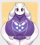  2022 anthro bent_over big_breasts blush boss_monster bovid breasts caprine clothed clothing female hi_res horn huge_breasts looking_at_viewer mammal matospectoru purple_eyes robe solo thick_thighs toriel undertale undertale_(series) video_games white_body 