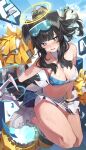  1girl absurdres animal_ears arms_up bangs bare_shoulders blue_archive blush breasts cheerleader cleavage dog_ears dog_girl dog_tail eyewear_on_head goggles goggles_on_head halo hibiki_(blue_archive) hibiki_(cheerleader)_(blue_archive) highres holding holding_pom_poms long_hair looking_at_viewer medium_breasts miniskirt navel netural official_alternate_costume open_mouth pom_pom_(cheerleading) shoes skirt sneakers solo sticker_on_arm sticker_on_face stomach tail white_footwear 