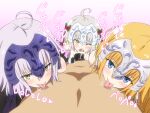  1boy 3girls ahoge bangs bar_censor bare_shoulders bell black_gloves blonde_hair blue_eyes blush bow censored elbow_gloves fate/grand_order fate_(series) fellatio gin&#039;you_haru gloves green_bow grey_hair group_sex hair_bow headpiece jeanne_d&#039;arc_(fate) jeanne_d&#039;arc_alter_(fate) jeanne_d&#039;arc_alter_santa_lily_(fate) licking licking_nipple looking_at_viewer moaning mosaic_censoring multiple_girls one_eye_closed oral red_bow striped striped_bow tongue tongue_out translation_request two-tone_bow yellow_eyes 