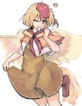  1girl animal bird bird_tail bird_wings blonde_hair chick closed_mouth dress feathered_wings ginnkei multicolored_hair niwatari_kutaka one_eye_closed orange_dress red_eyes red_hair shirt short_hair simple_background solo tail touhou two-tone_hair whistle whistling white_background white_shirt wings yellow_wings 
