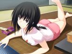  1girl bangs bare_legs barefoot black_hair brown_eyes closed_mouth computer food game_cg hair_between_eyes kawagishi_keitarou laptop leg_up long_hair lying maji_de_watashi_ni_koi_shinasai! matsunaga_tsubame on_stomach pink_shorts pocky print_shirt shiny shiny_hair shirt short_shorts short_sleeves shorts smile solo straight_hair t-shirt white_shirt 