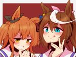  2girls animal_ears aqua_eyes bangs bow brown_bow brown_hair commentary_request ear_bow grin hair_between_eyes hair_bow high_ponytail highres horse_ears long_hair looking_at_viewer mayano_top_gun_(umamusume) multicolored_hair multiple_girls orange_hair outside_border pink_bow red_background sailor_collar school_uniform sidelocks smile smirk streaked_hair summer_uniform tokai_teio_(umamusume) tongue tongue_out tracen_school_uniform two-tone_hair two_side_up umamusume upper_body white_hair white_sailor_collar yellow_eyes yonedatomo_mizu 