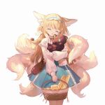  1girl animal_ears arknights bag baguette basket blonde_hair bread cat food fox_ears fox_tail green_eyes hair_ornament heixiu highres kagura_tohru long_hair luoxiaohei smile suzuran_(arknights) suzuran_(spring_praise)_(arknights) tail the_legend_of_luo_xiaohei 