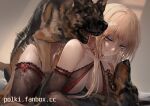  ambiguous_penetration azur_lane bestiality bismarck_(azur_lane) black_body black_fur black_nose blonde_hair blue_eyes brown_body brown_fur canid canine canis clenched_teeth clothing doggystyle domestic_dog double_penetration duo female feral from_behind_position from_front_position fur group hair hi_res human inside interspecies legwear lingerie long_hair lying male male/female mammal multicolored_body multicolored_fur on_back on_top on_top_of open_mouth penetration polki reverse_missionary_position sex teeth thigh_highs tongue tongue_out trio 