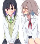  2girls bandaid bandaid_on_face black_hair blush closed_eyes do_it_yourself dress_shirt grey_hair multiple_girls neck_ribbon necktie red_eyes ribbon school_uniform shirt sitting sk02 suride_miku sweater_vest white_background white_shirt yua_serufu 