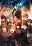  4boys 5girls aegis_(persona) amada_ken aqua_hair black_hair black_ribbon blonde_hair blue_eyes blue_hair blue_headwear bow bowtie brown_eyes brown_hair clenched_teeth collared_shirt dog dress_shirt hair_over_one_eye highres iori_junpei kirijou_mitsuru koromaru_(persona) long_hair lor_(roasyerizyonirapi) metis_(persona) multiple_boys multiple_girls neck_ribbon open_mouth parted_lips persona persona_3 pink_shirt red_bow red_bowtie red_eyes red_hair red_sweater ribbon sanada_akihiko shirt short_hair striped striped_shirt sweater sweater_vest takeba_yukari teeth vertical-striped_shirt vertical_stripes white_shirt wing_collar yamagishi_fuuka yuuki_makoto 