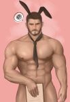  1boy abs animal_ears bara black_hair chris_redfield closed_mouth covering covering_crotch facial_hair gr_goden holding large_pectorals male_focus muscular muscular_male naked_necktie navel necktie nipples nude pectorals rabbit_boy rabbit_ears resident_evil short_hair solo 