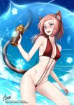  1girl :d adsouto animal_ears bare_arms bikini blue_eyes blush bottle breasts cat_ears cat_girl cat_tail cleavage collar diona_(genshin_impact) fang genshin_impact highres holding holding_bottle long_hair navel open_mouth pink_hair red_bikini sideboob signature small_breasts smile solo straight_hair swimsuit tail watermark web_address 