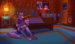  anthro atehrea bed bedroom bodily_fluids burning canid canine canis clothed clothing crying dim_lighting fire footwear fur furniture headphones hi_res knee_highs knee_socks legwear male mammal plushie poster sad shoes sneakers socks solo tears teddy_bear teenager white_body white_fur wolf young 