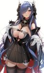  1girl absurdres august_von_parseval_(azur_lane) azur_lane bangs between_breasts black_horns blue_eyes blue_hair breasts clothing_cutout cross cross-laced_dress curled_horns dress gloves hair_over_one_eye hand_on_own_chest hand_up highres horns iron_cross large_breasts leash long_bangs mechanical_horns microdress one_eye_covered rikiddo_(tise_00) strap_between_breasts two-tone_dress white_gloves 