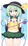  1girl :d bangs black_headwear black_panties bow collar cowboy_shot detached_sleeves frilled_collar frilled_skirt frilled_sleeves frills green_collar green_eyes green_skirt hair_between_eyes hat hat_bow hat_ribbon heart komeiji_koishi light_green_hair looking_at_viewer medium_hair micro_bra miniskirt off_shoulder open_mouth panties revealing_clothes ribbon rizento shiny shiny_skin skirt smile solo standing sweatdrop thighhighs thighs third_eye touhou underwear wavy_hair wide_sleeves yellow_bow yellow_corset yellow_ribbon yellow_sleeves 