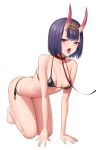  1girl absurdres all_fours bangs bare_shoulders bikini black_bikini bob_cut breasts collar collarbone eyeliner fate/grand_order fate_(series) headpiece highres horns laan_(0110) leash looking_at_viewer makeup oni oni_horns open_mouth purple_eyes purple_hair short_hair shuten_douji_(fate) skin-covered_horns small_breasts solo swimsuit thighs tongue tongue_out 