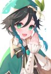  1boy androgynous bangs beret black_hair blue_hair blush braid buttons cape collared_cape collared_shirt flower frilled_sleeves frills genshin_impact gradient_hair green_cape green_eyes green_headwear hair_flower hair_ornament hat hat_flower itoi_toi juliet_sleeves long_sleeves looking_at_viewer multicolored_hair own_hands_together puffy_sleeves red_nails shirt short_hair_with_long_locks simple_background smile teeth twin_braids upper_body upper_teeth venti_(genshin_impact) white_background white_flower white_shirt 