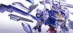  absurdres bit_(gundam) blue_eyes commentary funnels_(gundam) gradient gradient_background grey_background gundam gundam_aerial gundam_suisei_no_majo highres mecha mobile_suit no_humans robot science_fiction solo upper_body v-fin veerinly weapon white_background 
