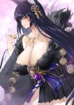  1girl animal_ears azur_lane bare_shoulders black_hair black_skirt blush breasts brown_eyes cleavage cowboy_shot facial_mark fox_ears fur-trimmed_kimono fur_trim highres huge_breasts japanese_clothes jewelry kimono long_hair long_sleeves looking_at_viewer magatama magatama_necklace musashi_(azur_lane) necklace off_shoulder parted_lips pleated_skirt short_kimono skirt smile solo thighs wide_sleeves won_(az_hybrid) 