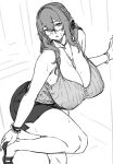  1girl bangs bare_shoulders blush breasts brown_haired_glasses_elf_(houtengeki) cleavage collarbone elf glasses greyscale highres houtengeki huge_breasts long_hair long_sleeves looking_at_viewer mature_female monochrome open_mouth original pointy_ears skirt solo thighs 