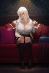  1girl blonde_hair bra bra_peek breasts cleavage cool4noodle couch hand_on_own_chest highres huge_breasts long_hair looking_at_viewer no_shoes on_couch original pillow pleated_skirt sitting skirt smile socks solo underwear yellow_eyes 