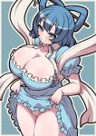  1girl blue_eyes blue_hair blush breasts cleavage clothes_lift dress dress_lift emina from_above hagoromo hair_ornament hair_rings hair_stick highres huge_breasts kaku_seiga lifted_by_self looking_at_viewer outline shawl skirt skirt_lift solo thighs touhou white_outline 