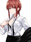  1girl black_pants braid breasts chainsaw_man cleavage closed_mouth collared_shirt highres long_sleeves looking_at_viewer makima_(chainsaw_man) mame1645 necktie pants red_hair ringed_eyes shirt simple_background sketch smile solo upper_body white_background white_shirt yellow_eyes 