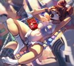  anthro areola breasts brown_hair canid canine canis clothed clothing domestic_dog effie_(oughta) eyes_closed eyewear female footwear genitals glasses hair hi_res lying mammal midriff navel nipples on_back open_mouth oughta pussy socks solo yawn 