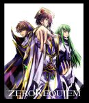  1girl 2boys amatu_trabajo black_border border brown_hair c.c. code_geass english_text foreshortening green_eyes green_hair highres holding holding_mask kururugi_suzaku lelouch_lamperouge looking_at_viewer mask mask_removed multiple_boys smile white_background 