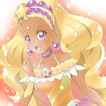  amamiya_elena bare_shoulders bead_choker blonde_hair breasts choker collarbone cure_soleil dress earrings gradient gradient_background hair_ornament highres iri jewelry looking_at_viewer magical_girl mole mole_under_eye open_mouth orange_background orange_dress precure purple_choker purple_eyes small_breasts star_(symbol) star_color_pen star_hair_ornament star_twinkle_precure upper_body 