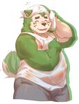  2022 anthro bawp belly blush bottomwear bulge canid canine canis clothing domestic_dog eyes_closed hi_res humanoid_hands kemono lifewonders live-a-hero male mammal mokdai overweight overweight_male pants shirt solo topwear video_games wet wet_clothing wet_shirt wet_topwear 