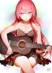  1girl bangs bare_arms blue_eyes blue_gemstone breasts brown_dress cleavage crossed_legs dress floating_hair gem hair_between_eyes hair_over_shoulder highres holding holding_instrument instrument invisible_chair jewelry long_hair looking_at_viewer medium_breasts megurine_luka mouth_hold pendant pink_hair project_diva_(series) shiny shiny_hair short_dress sitting solo straight_hair strapless strapless_dress very_long_hair vocaloid zasshu 