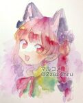  1girl 2zuz4hru :d animal_ears artist_name bangs blunt_bangs blush bow braid cat_ears kaenbyou_rin looking_at_viewer neck_ribbon painting_(medium) portrait red_ribbon ribbon smile solo touhou traditional_media twin_braids watercolor_(medium) 