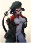  1girl absurdres au_ra avatar_(ff14) border breasts closed_mouth commentary_request commission covered_navel cowboy_shot final_fantasy final_fantasy_xiv fur_trim green_jacket grey_eyes hat highres horns ichika_(ichika_manga) jacket long_sleeves looking_at_viewer looking_to_the_side open_clothes open_jacket purple_hair sidelocks simple_background sleeves_past_wrists tail tareme white_border yellow_background 