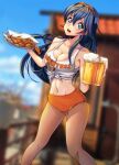  1girl alternate_costume bangs blue_eyes blue_hair blush breasts cleavage cup employee_uniform fire_emblem fire_emblem_awakening hair_between_eyes highres holding hooters kagato007 long_hair looking_at_viewer lucina_(fire_emblem) mug no_legwear open_mouth orange_shorts short_shorts shorts simple_background solo symbol-shaped_pupils tank_top uniform waitress 