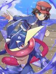  1boy black_hair blue_eyes blue_jacket blue_skin calem_(pokemon) clenched_hand cloud colored_skin day eyewear_on_head greninja hat highres inana_umi jacket looking_at_viewer male_focus pokemon pokemon_(creature) pokemon_(game) pokemon_xy red_eyes sky smile sparkle standing sunglasses 