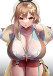  1girl atelier_(series) atelier_ryza breasts brown_eyes brown_hair cleavage collar earrings emp_(denjipgre) huge_breasts jacket jewelry leaning_forward looking_at_viewer medium_hair necklace red_shorts reisalin_stout short_shorts shorts sleeveless standing thick_thighs thighs white_headwear 
