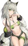  1girl animal_ears arknights bangs bare_shoulders bikini black_choker black_shorts breasts bridal_garter cat_ears chinese_commentary choker commentary_request cowboy_shot eyepatch_bikini green_bikini green_eyes grey_hair hand_up henz highres jacket jewelry kal&#039;tsit_(arknights) long_hair long_sleeves looking_at_viewer medium_breasts micro_shorts navel necklace off_shoulder open_clothes open_jacket partial_commentary shorts simple_background solo stomach swimsuit thighs white_background white_jacket 