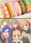  1other 2boys 2girls :d antonio_salieri_(fate) artoria_pendragon_(fate) ascot bangs black_bow black_gloves black_hair blonde_hair blue_hair blue_jacket blush bow cu_chulainn_(fate) cu_chulainn_(fate/prototype) dot_mouth doughnut earrings enkidu_(fate) fang fate/grand_order fate_(series) food food_focus formal french_cruller gareth_(fate) gloves green_eyes green_hair green_shirt grey_hair hair_between_eyes hair_over_one_eye half_updo jacket jewelry long_hair looking_at_object low_ponytail masaki_(star8moon) medium_hair multicolored_hair multiple_boys multiple_girls open_mouth parted_lips pink_background pinstripe_pattern pinstripe_suit pon_de_ring ponytail portrait red_ascot red_eyes saber_lily shirt short_hair skin_fang smile sparkle sparkle_background streaked_hair striped suit tunic turtleneck upper_body yellow_eyes 