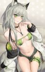  1girl animal_ears arknights bangs bare_shoulders bikini black_choker black_shorts breasts bridal_garter cat_ears chinese_commentary choker commentary_request cowboy_shot eyepatch_bikini green_bikini green_eyes grey_hair hand_up henz highres indoors jacket jewelry kal&#039;tsit_(arknights) long_hair long_sleeves looking_at_viewer medium_breasts micro_shorts navel necklace off_shoulder open_clothes open_jacket partial_commentary shorts solo stomach swimsuit thighs white_jacket 