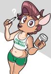  acstlu barista bottomwear brown_body brown_eyes brown_fur brown_hair bulge cervid clothing coffee_cup container crop_top cup fur girly hair hi_res hotpants looking_at_viewer male mammal navel pen question_mark shirt shorts solo spots standing topwear white_clothing white_shirt white_topwear 