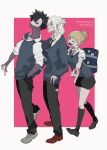  1girl 2boys ;d alternate_costume bag bags_under_eyes bangs bangs_pinned_back black_hair black_necktie black_pants black_socks blonde_hair blue_bag blue_cardigan blue_eyes blunt_bangs boku_no_hero_academia border brown_footwear burn_scar cardigan collared_shirt dabi_(boku_no_hero_academia) ear_piercing english_text eyebrows_hidden_by_hair fangs from_side full_body grey_footwear hair_between_eyes hair_bun hair_ornament hairclip half_updo hand_on_another&#039;s_shoulder highres holding_strap keychain kneehighs leaning_back leaning_forward loafers looking_at_viewer messy_hair multiple_boys naajuunaa narrowed_eyes necktie one_eye_closed open_mouth outside_border outstretched_arm pants piercing pleated_skirt red_eyes red_footwear scar scar_on_arm scar_on_neck school_bag scrunchie shigaraki_tomura shirt shoes shoulder_bag sidelocks single_hair_bun skirt sleeveless sleeveless_sweater sleeves_rolled_up smile socks spiked_hair stitches sweater toga_himiko tongue tongue_out twitter_username v walking white_border white_hair white_shirt wrist_scrunchie yellow_eyes 